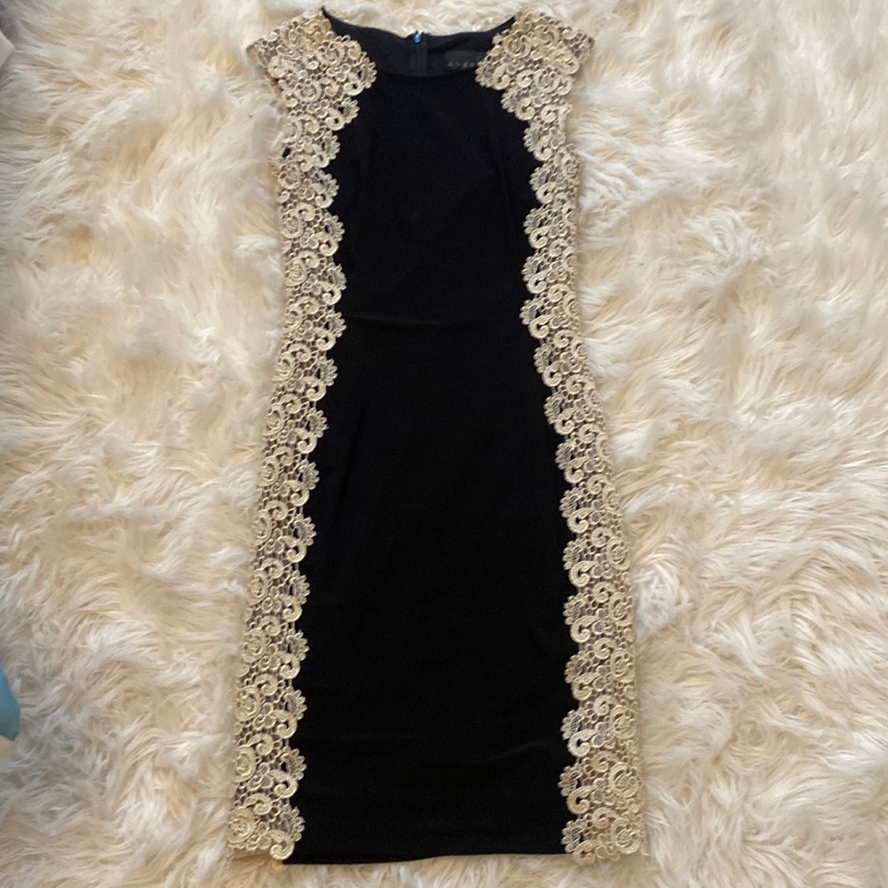 Avery G Black Cocktail Dress with Gold Lace Embellishments